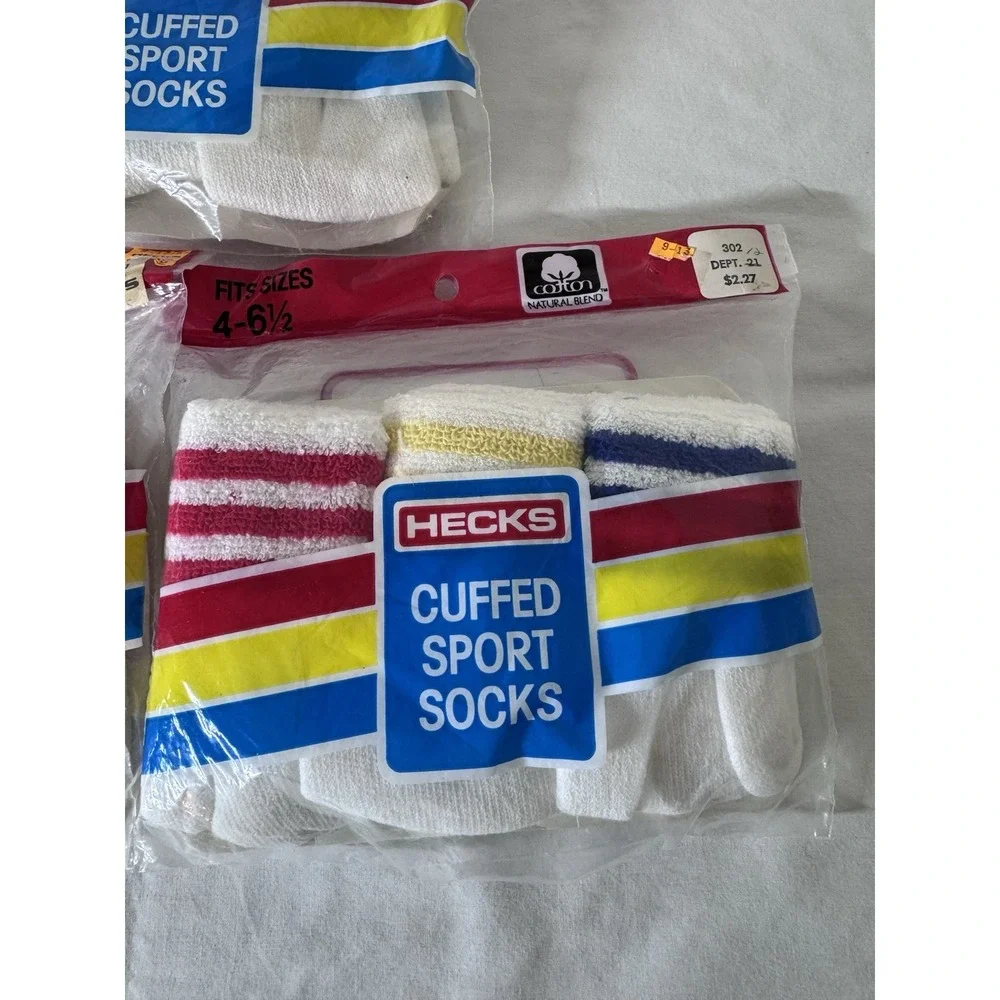 Vintage Hecks Cuffed Sport Socks Kids 4-6.5 Cotton Blend Made In USA Lot of 3